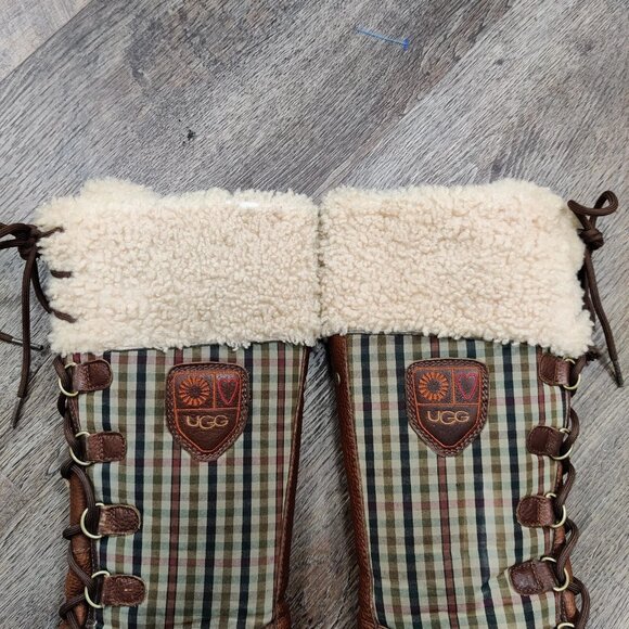 UGG Edmonton Tall Boots 3226 Green Plaid Brown Leather Sheepskin Shearling 7 - Picture 4 of 16